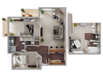 A detailed 3D floor plan of a small apartment.