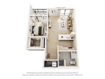 A 3D floor plan of a small apartment with a kitchen, living room, and bathroom.