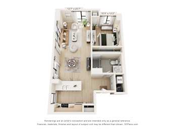 A 3D floor plan of a small apartment with a kitchen, living room, and bathroom.