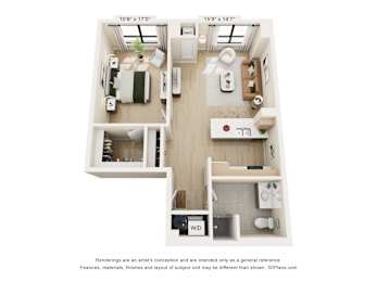 A 3D floor plan of a small apartment with a kitchen, living room, and bathroom.