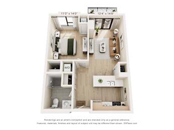 A 3D floor plan of a small apartment with a kitchen, living room, and bathroom.