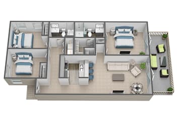 A 3D floor plan of a house with two bedrooms, a living room, a kitchen, and a bathroom.