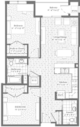 A floor plan of a house with a balcony, two bedrooms, a living/dining area, a kitchen, a bathroom, and a laundry room.