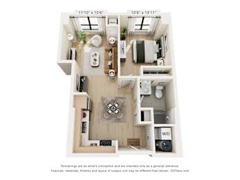 A 3D floor plan of a small apartment with a kitchen, living room, and bathroom.