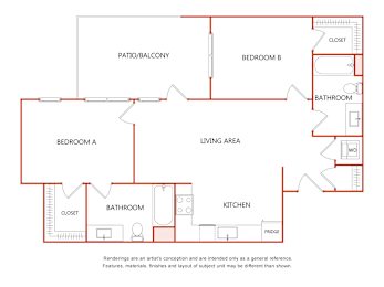 A red line drawing of a house layout with labeled rooms.