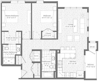 A floor plan of a house with a master bedroom, a walk-in closet, a master bathroom, a bedroom, a living room, a balcony, a kitchen, a bathroom, and a laundry room