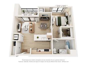 A 3D floor plan of a small apartment with a kitchen, living room, and bathroom.