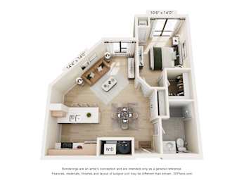A 3D floor plan of a small apartment with a kitchen, living room, and bathroom.