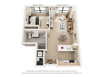 A floor plan of a small apartment with a kitchen, living room, and bathroom.