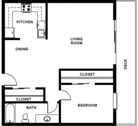 1 Bed 1 Bath 858 square feet floor plan furnished