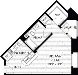 Studio 1 Bath 532 square feet floor plan S1
