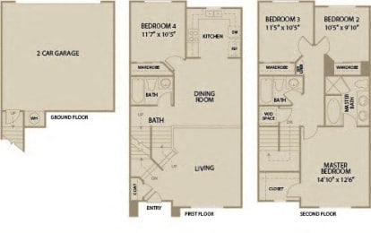 4 bed 3 Bath 1582 square feet floor plan Plan B