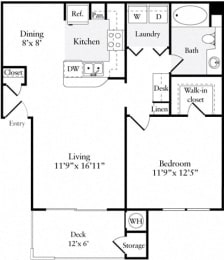 1 Bed 1 Bath 728 square feet floor plan Plan A