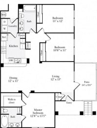 3 Bed 2 Bath 1238 square feet floor plan A