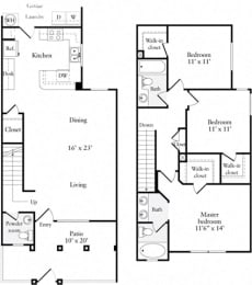3 Bed 2 Bath 1329 square feet floor plan Townhouse