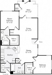 2 Bed 2 Bath 1003 square feet floor plan Plan B
