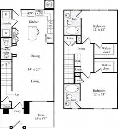 2 Bed 2.5 Bath 1102 square feet floor plan Townhouse
