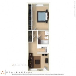 1 Bed, 1 Bath, 580 square feet  B floor plan furnished