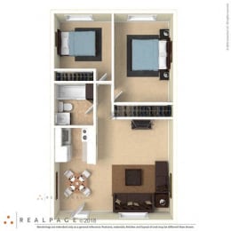 2 Bed, 1 Bath, 800 square feet floor plan furnished