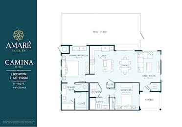 A floor plan for the Amare Santa Fe Camina Plan 2, a 2 bedroom, 2 bathroom apartment.