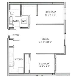 A floor plan of a small apartment with a living room, kitchen, and two bedrooms.