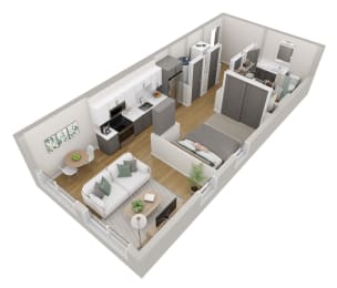 a 3d floor plan of a house with a bedroom and a living room