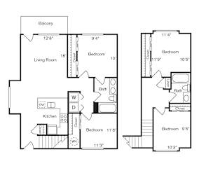A floor plan of a two bedroom apartment with a living room and kitchen.