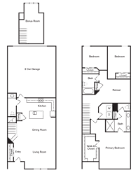 A floor plan of a house with two bedrooms, a living room, a dining room, a kitchen, a bathroom, and a bonus room.