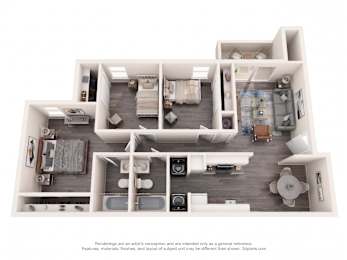 A 3D floor plan of an apartment with a kitchen, living room, and bedrooms.