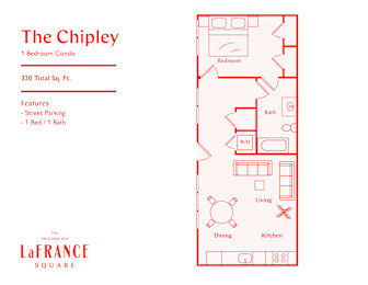A red floor plan of a one bedroom condo with a list of features and address.