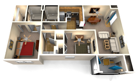 A 3D rendered image of a house layout.