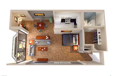 A top-down view of a living room with a couch, a coffee table, and a TV.