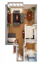 A top-down view of a small apartment with a kitchen, living room, and bathroom.