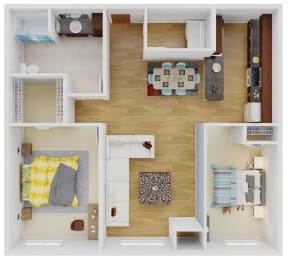 a 3d drawing of a house with a bedroom and a living room