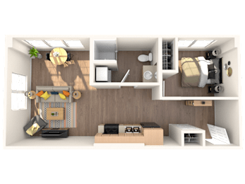 A 3D rendered image of a modern kitchen with a dining area.