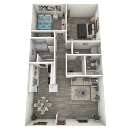 a stylized floor plan with a bedroom and a living room
