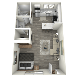 a stylized floor plan with a bedroom and a living room