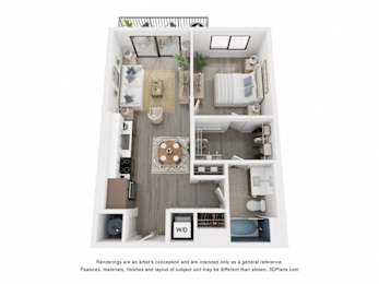 A 3D floor plan of a small apartment with a living room, dining room, kitchen, and bathroom.