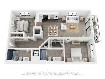 A 3D floor plan of a house with a living room, dining room, kitchen, and bathrooms.