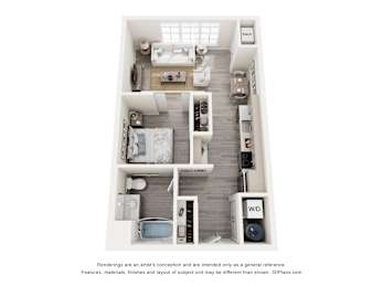 Studio floor plan showing open living/sleeping area, kitchen, bathroom, and closet at Creekline at Fairfield in Fairfield, CT.