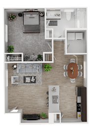 A top-down view of a modern apartment layout with a kitchen, living room, and bathroom.