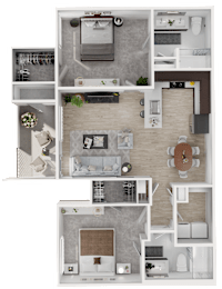 A top-down view of a small apartment layout with a kitchen, living room, and bathroom.