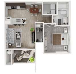 A top-down view of a small apartment with a kitchen, living room, and bathroom.