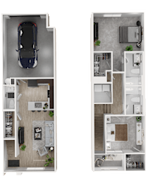 A top-down view of a car and a split-level floor plan of a house.