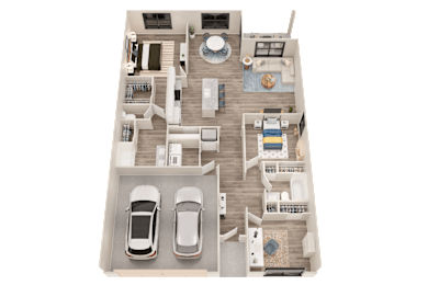 A top-down view of a house layout with two cars parked in the driveway.
