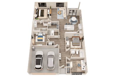 A top-down view of a house layout with two bedrooms, a living room, a kitchen, a dining room, and two parking spaces.