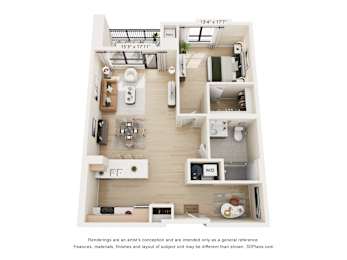A 3D floor plan of a small apartment with a kitchen, living room, and bedroom.