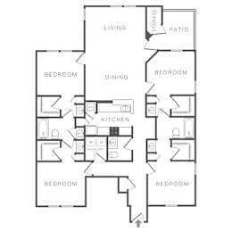 A black and white image of a house floor plan with a living room, dining room, kitchen, and four bedrooms.