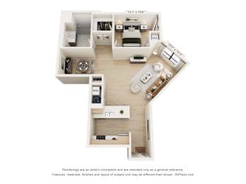 A 3D floor plan of a small apartment with a kitchen, living room, and bathroom.