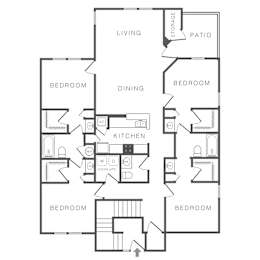 A black and white image of a house floor plan with a living room, dining room, kitchen, and four bedrooms.